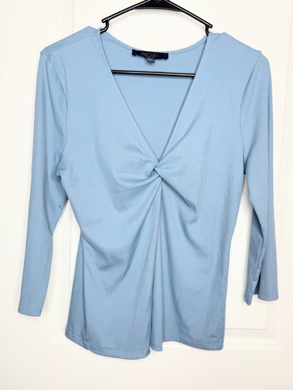 Rachel Roy Top Womens Medium Blue Ribbed Twist Front V Neck Stretch Blouse